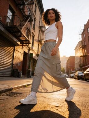 Bluenotes Parachute Cargo Maxi Skirt M Cream Y2K Utility Drawstring